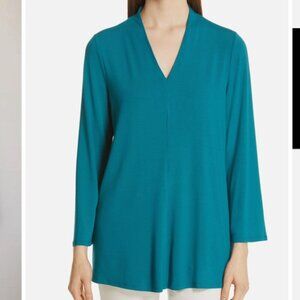 Eileen Fisher Teal Viscose Jersey V Neck Tunic Top Large Women's